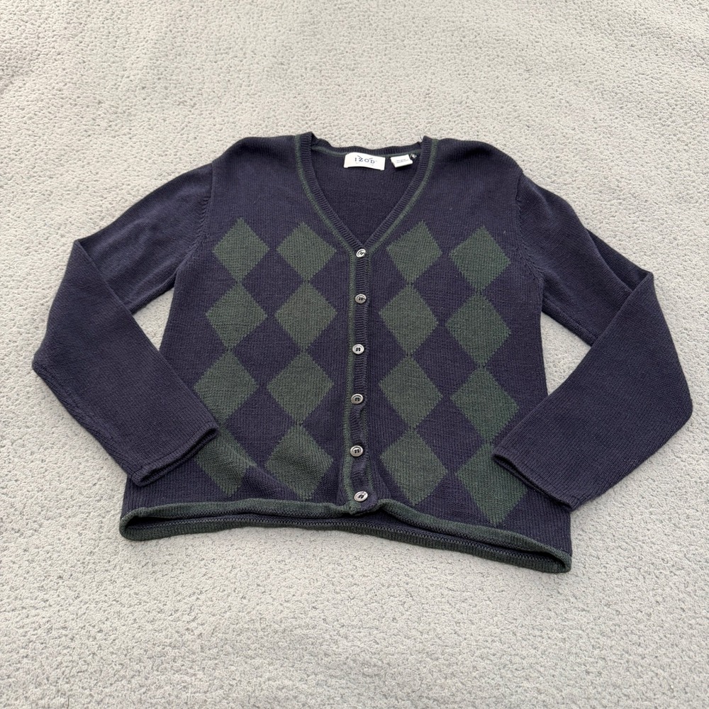 VTG Izod Sweater Womens Medium Blue Green Argyle V-Neck Button Front Cardigan